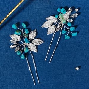 New Chinese style turquoise U-shaped hair pins with silver leaves and rhinestones