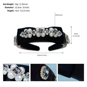 Detail view of black velvet headband with hand-stitched pearls and rhinestones and dimensions
