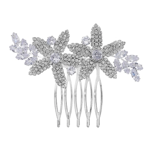 Elegant bridal hair comb with silver flower design and cubic zirconia crystal rhinestones