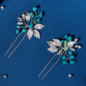 Handmade Chinese style turquoise bridal hair pins with silver leaf and crystal accents