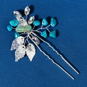 Handmade silver hair pin with turquoise stones and rhinestone leaf design for women