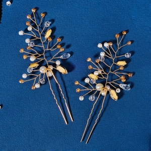 Elegant pair of gold hair pins with pearls and amber crystals in a branch design