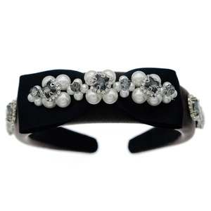 Diadema elegante de terciopelo con lazo grande, perlas y diamantes de cristal para mujer