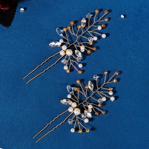 Handmade Chinese style bridal hair pins with white pearls and crystals on gold wire