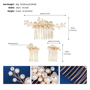 Detailed view of handmade imitation pearl hair comb set with gold wire and dimension labels
