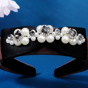 French vintage sponge headband with coffee velvet base and black satin bow with pearls