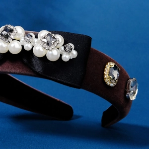 Vintage velvet sponge headband with black satin bow, pearls and grey rhinestones