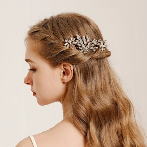 Elegant Handmade Bridal Hair Comb Silver Alloy Marquise Rhinestone Flower Leaf Hair Clip Wedding Banquet Jewelry For Women