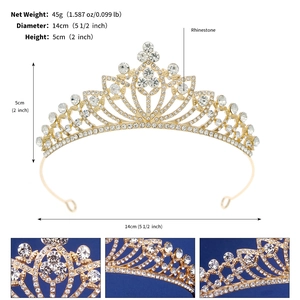 Detail showing gold rhinestone tiara dimensions: 14cm diameter and 5cm height in macro view