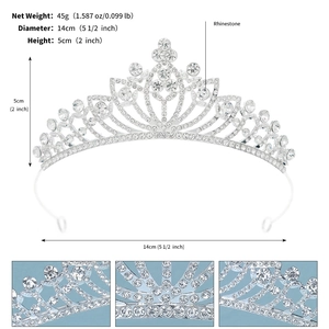Detailed size specifications of silver rhinestone tiara with 5cm height and 14cm diameter
