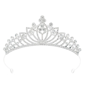 Detailed close-up of a silver tiara with intricate镂空 design and sparkling rhinestones