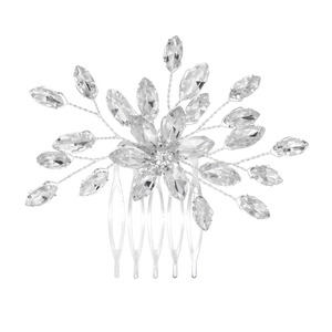 Exquisite silver bridal hair comb with marquise rhinestones and handmade flower design