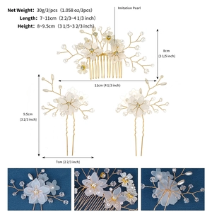 Three-piece bridal floral hair accessories set with white petals and pearls dimensions