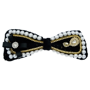 Retro black velvet bow hair clip with pearls and rhinestones for elegant brides