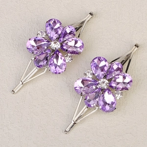 Korean Elegant Purple Flower Rhinestone Hair Clips Alloy Inlaid Floral Hairpin Bridal Wedding Daily Hair Jewelry For Women