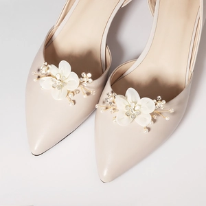 Bridal Wedding Shoe Clips Handmade White Satin Flower Shoe Buckles Artificial Pearl Rhinestone Decoration For Women Heels Party