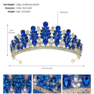Detail view of crystal crown showing size specs and deep blue rhinestone inlay craft