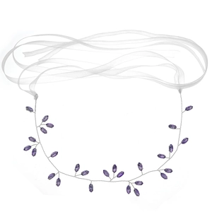 Handmade bridal headband with purple crystals and silver leaves on long white ribbons