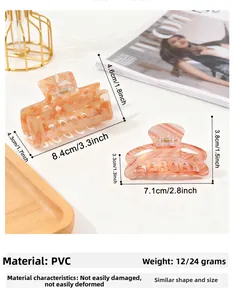 Macro detail of tortoiseshell PVC hair clips with dimensions and material specs