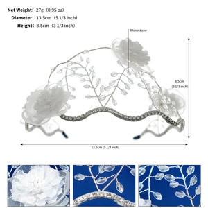 Detailed specs of bridal headband with fabric flowers, crystal beads and rhinestones
