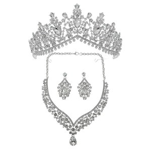 Conjunto de joyas de novia lujo corona tiara strass plata collar y pendientes boda