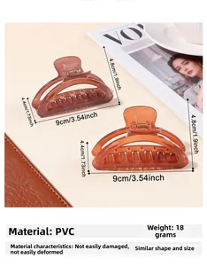 Detailed view of translucent PVC hair claws in amber and orange with size measurements