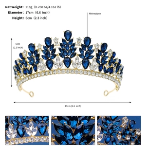 Detail view of crystal bridal crown with blue rhinestones showing dimensions and weight