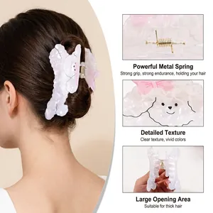 Pince à cheveux chien en acétate blanc avec nœud rose et texture marbrée pour femmes