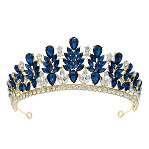 Detailed view of luxury bridal tiara with blue teardrop crystals and gold alloy base