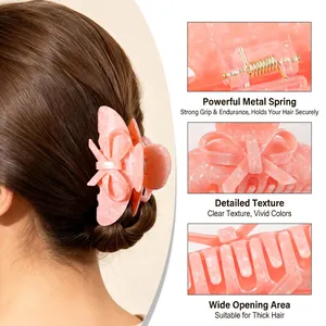 Pink marble bow hair claw clip with strong metal spring for thick hair styling