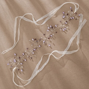 Handmade silver wire bridal headband with purple crystals and white ribbons