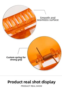 Dettaglio dei denti della pinza per capelli arancione e molla metallica resistente