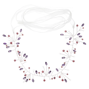 Handmade silver bridal headband with purple crystals and long white chiffon ribbons