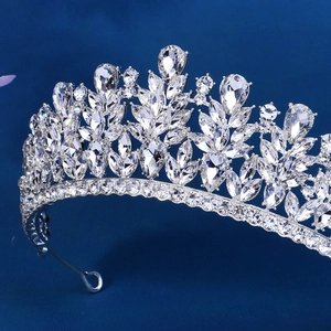 Macro view of silver bridal crown with brilliant marquise and teardrop crystals