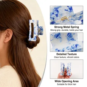 Blue marble square hair claw clip with strong metal spring and hollow out design