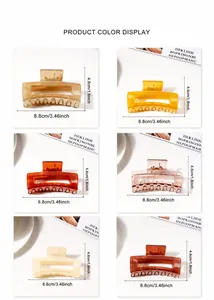 Rectangle acrylic hair claw clips in six colors with detailed size dimensions