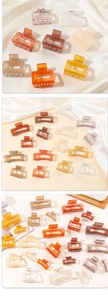 Detailed view of various transparent resin hair claws in earthy and bright color tones