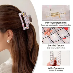 Pinza per capelli a scacchi floreali, finitura perlata e molla forte per capelli folti