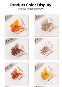 Detail view of 6.7cm transparent butterfly hair claws in six various colors