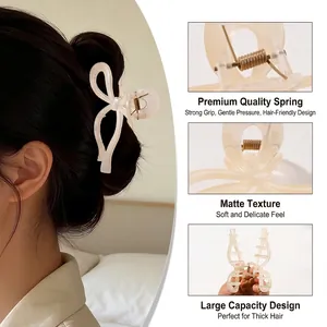 Minimalist beige matte bow hair claw clip for women shown on model and in detail views