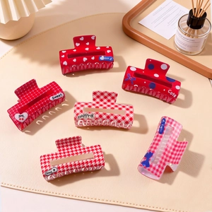 Grande Pince à Cheveux Rouge pour Femmes Motif Vichy Pois Cœur Shark Clip Rétro Nœud Accessoires de Coiffure Outils de Styling