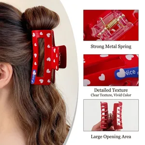 Pince à cheveux rouge à motif de cœur avec ressort doré pour cheveux épais