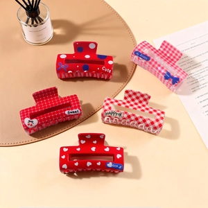 Lot de 5 grandes pinces à cheveux rouges avec motifs à pois et carreaux