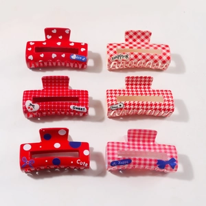 Lot de six pinces à cheveux rouges et blanches à motifs carreaux et étiquettes mignonnes