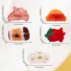 Size chart for vintage acrylic hair claws featuring floral and heart shapes for women
