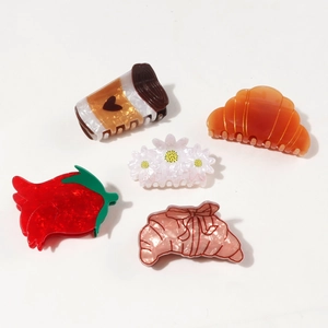 5-piece set of retro hair claws featuring coffee cup, croissant, and daisy designs