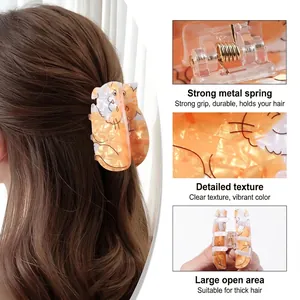 Pince à cheveux motif chat orange avec ressort métallique solide pour cheveux épais