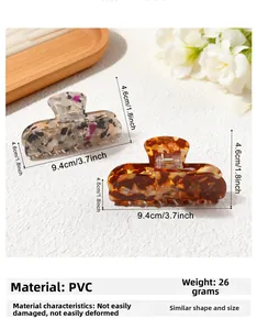 Detail view of PVC hair claws with dimensions and specifications in a stylish layout
