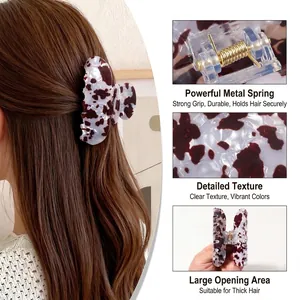 Red brown leopard print hair claw clip with strong gold metal spring for thick hair