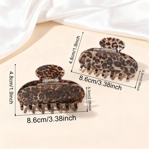 Classic leopard print hair claw clip with measurements in professional studio lighting